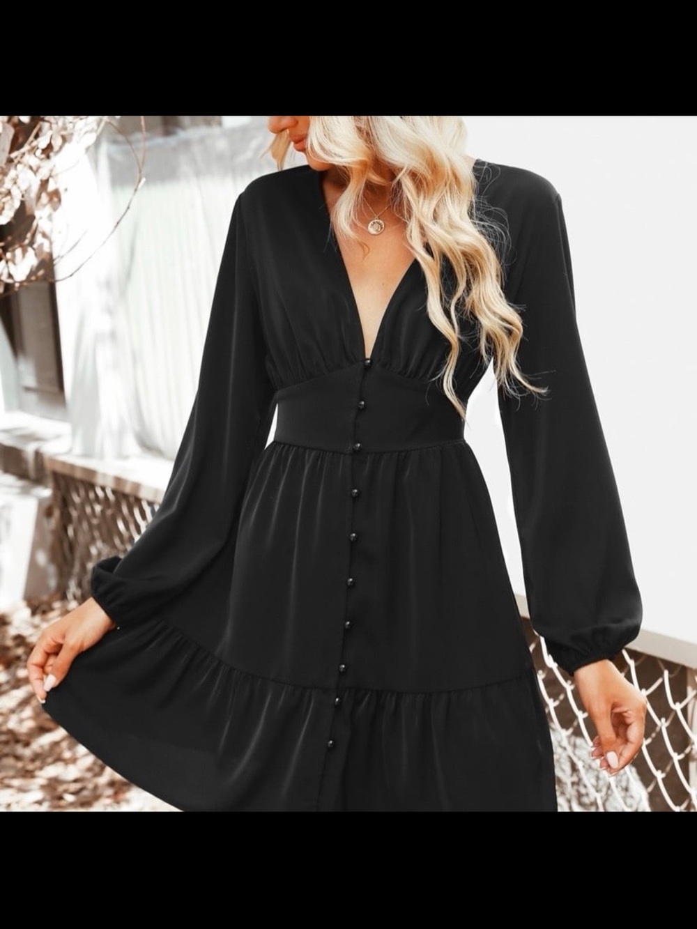 Cupshe Black Long Sleeve V-Neck Mini Dress